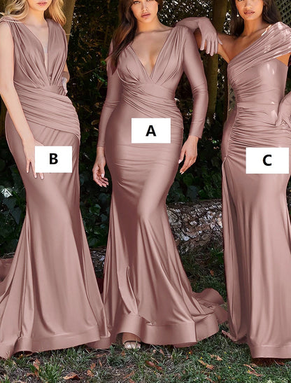 Vestido de dama de honor estilo sirena/trompeta, escote en V, manga larga, elegante, cola de corte, de gasa con fruncido/color liso