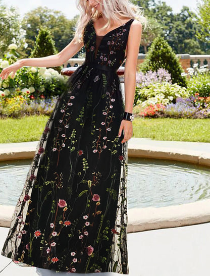 Vestidos para ocasiones especiales de corte A, estilo imperio, para bodas, fiestas, invitados, largo hasta el suelo, sin mangas, escote en V, organza, espalda en V con estampado/estampado