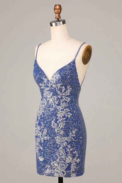 Amzcw Dark Blue Sparkly Sheath Spaghetti Straps Short Homecoming Dress with Sequins