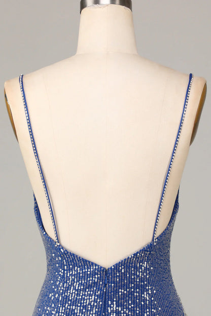 Amzcw Dark Blue Sparkly Sheath Spaghetti Straps Short Homecoming Dress with Sequins