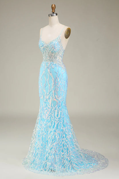 Amzcw Glitter Light Blue Mermaid Spaghetti Straps Long Prom Dress prom dresses with long sleeves
