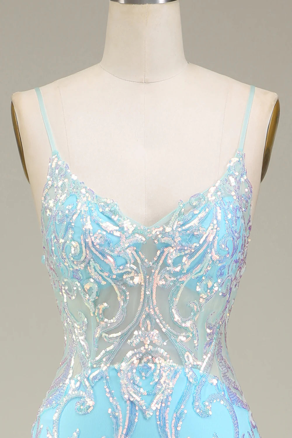 Amzcw Glitter Light Blue Mermaid Spaghetti Straps Long Prom Dress prom dresses with long sleeves