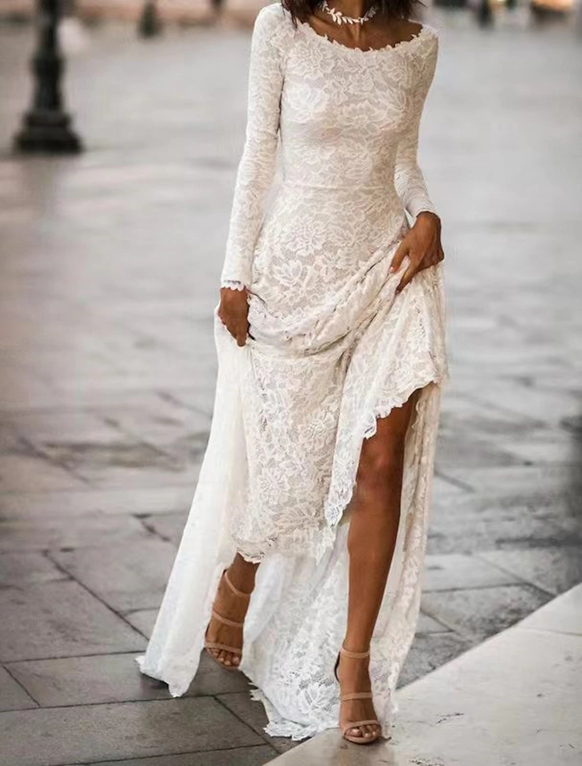 Vestido de noche de corte A con espalda abierta, vestido formal de fiesta de boda, cola larga, cuello joya, encaje con apliques
