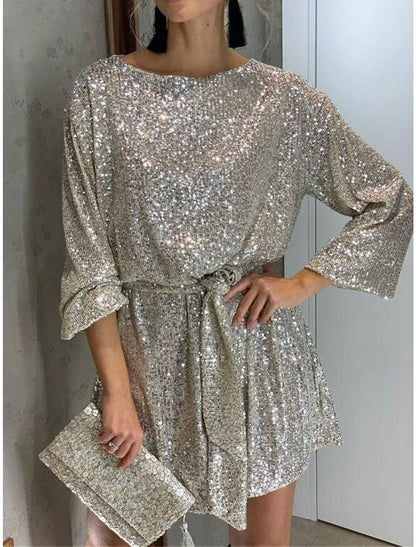 Women‘s Sequin Dress Party Dress Sparkly Dress Black Dress Homecoming Cocktail Dress Mini Dress Silver White Long Sleeve Sparkly Glitter Lace up Winter Dress