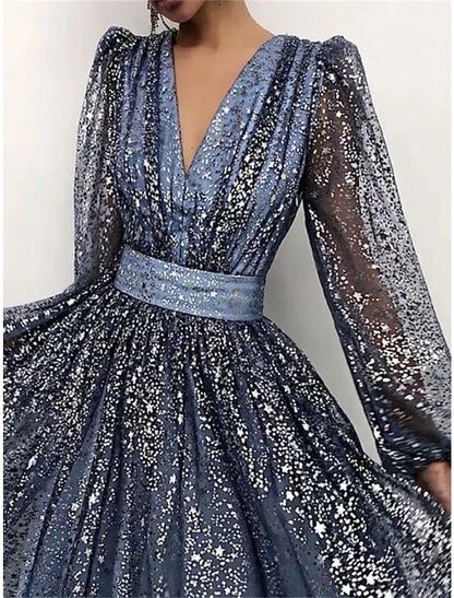 Women's Sequin Dress Party Dress Homecoming Dress Midi Dress Light Pink Pink Blue Long Sleeve Pure Color Sequins Spring Fall Winter V Neck Fashion Winter Dress Wedding Guest Birthday
