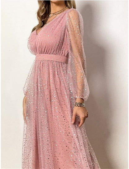 Women's Sequin Dress Party Dress Homecoming Dress Midi Dress Light Pink Pink Blue Long Sleeve Pure Color Sequins Spring Fall Winter V Neck Fashion Winter Dress Wedding Guest Birthday
