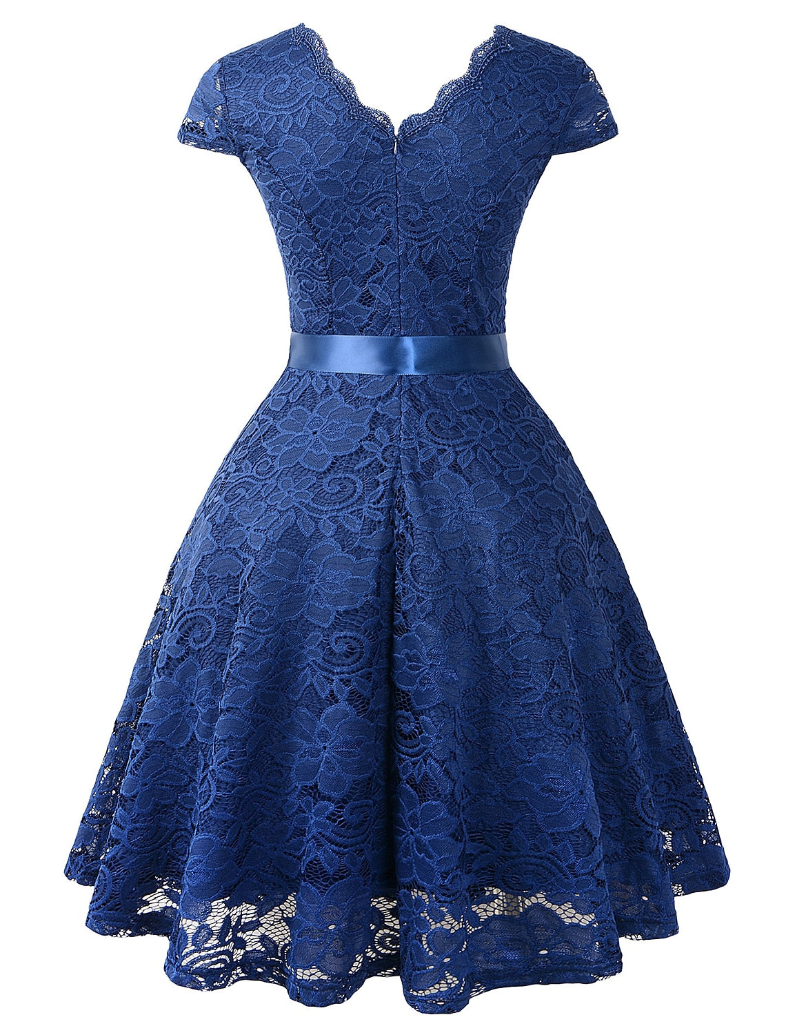 A-Line Cocktail Dresses Vintage Dress Wedding Guest Graduation Knee Length Short Sleeve V Neck Lace V Back with Sash / Ribbon Pleats