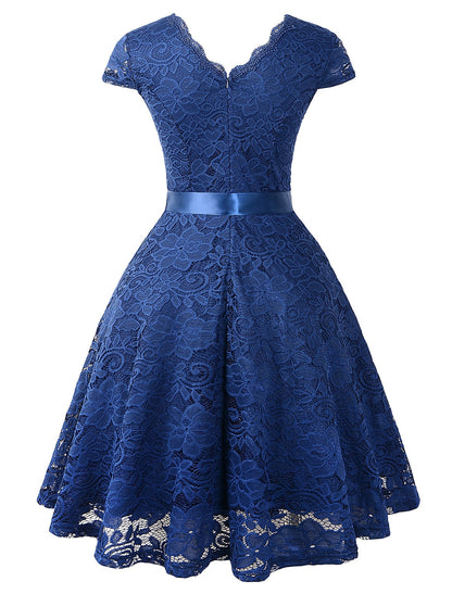A-Line Cocktail Dresses Vintage Dress Wedding Guest Graduation Knee Length Short Sleeve V Neck Lace V Back with Sash / Ribbon Pleats