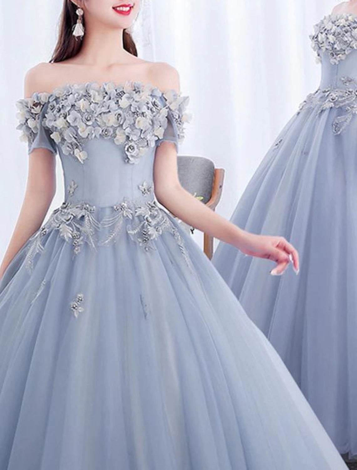 Ball Gown Floral Puffy Quinceanera Prom Dress Off Shoulder Short Sleeve Floor Length Polyester with Appliques Pure Color