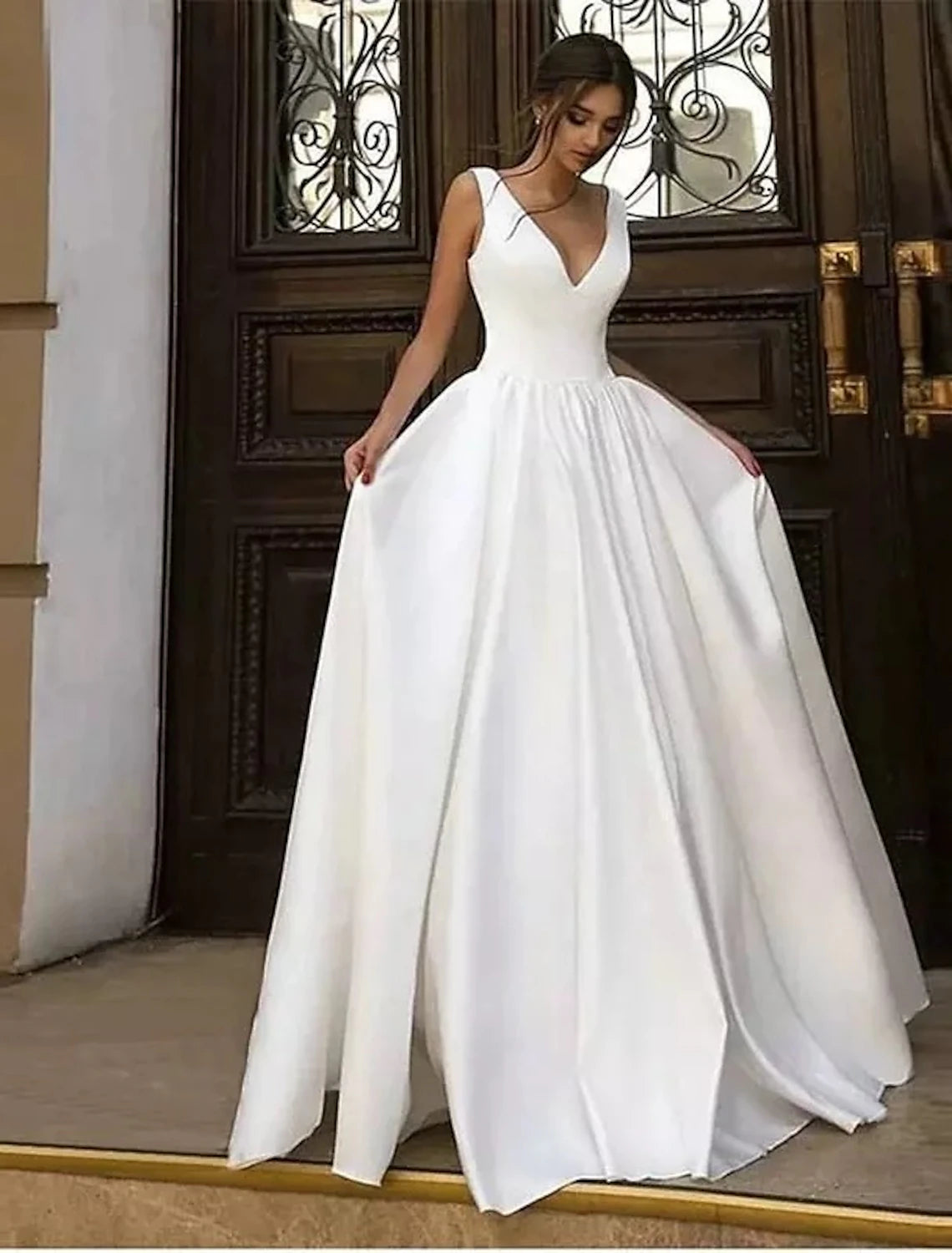 Vestidos de novia formales e informales de recepción, corte A, escote en V, sin mangas, largo hasta el suelo, de satén, con pliegues, color liso, para verano y otoño, para bodas y fiestas.