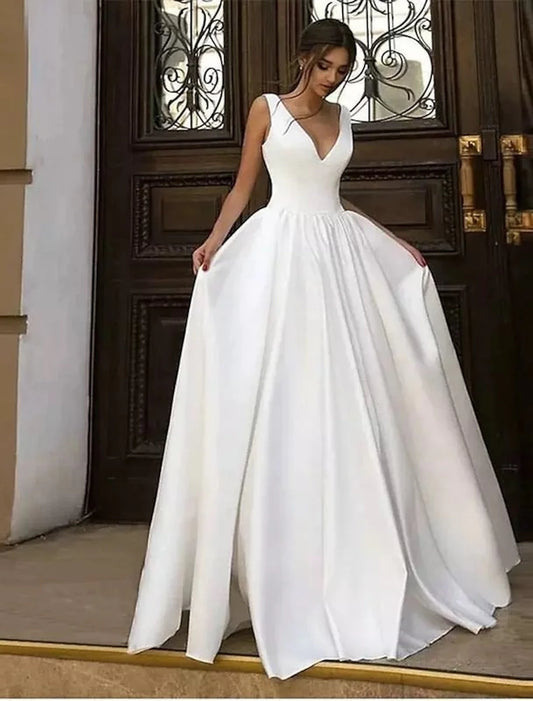 Vestidos de novia formales e informales de recepción, corte A, escote en V, sin mangas, largo hasta el suelo, de satén, con pliegues, color liso, para verano y otoño, para bodas y fiestas.
