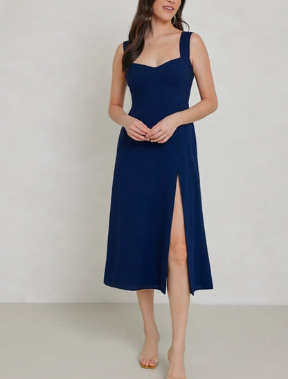 Vestido de dama de honor con corte tubo/columna, escote cuadrado/en V, sin mangas, elegante, largo hasta el suelo/media rodilla, de gasa con abertura frontal