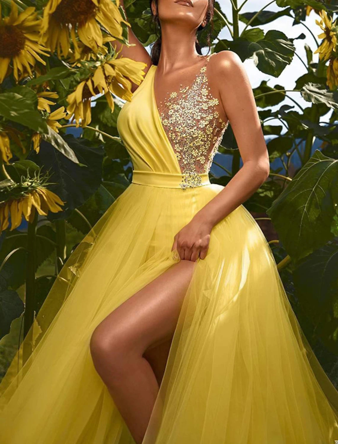 Vestido de noche con gala y flores, vestido formal para invitados de boda, cola de corte, sin mangas, escote en V, tul con apliques de abertura