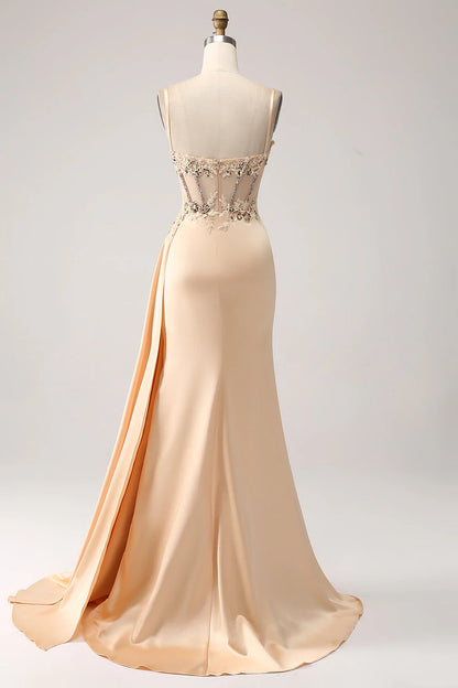 Amzcw Elegant Champagne Mermaid Pleated Satin Prom Dress With Appliques prom dresses shops