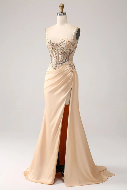 Amzcw Elegant Champagne Mermaid Pleated Satin Prom Dress With Appliques prom dresses shops