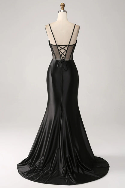 Amzcw Mermaid Sweetheart Black Satin Long Prom Dress With Beading prom dresses shops