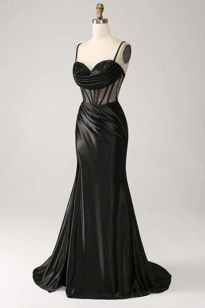 Amzcw Mermaid Sweetheart Black Satin Long Prom Dress With Beading prom dresses shops