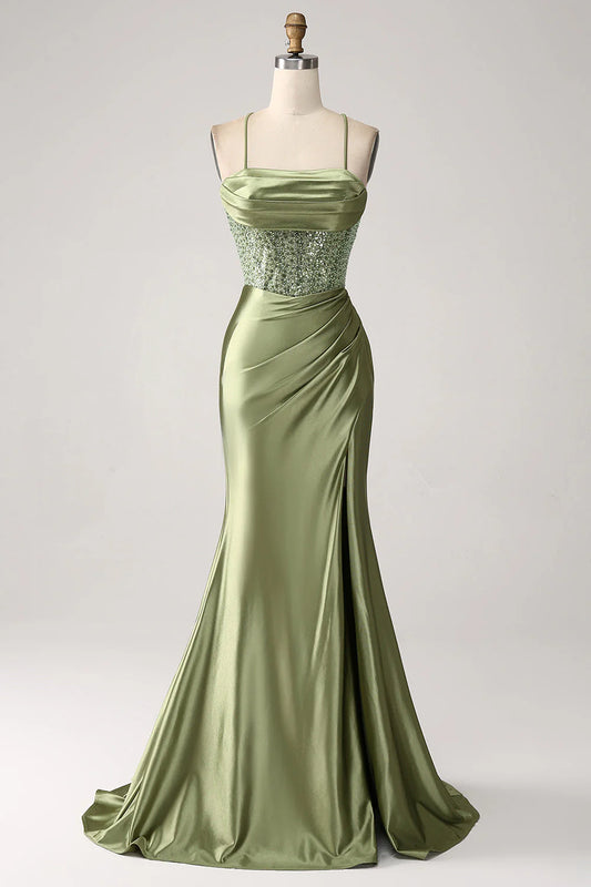 Amzcw Army Green Mermaid Cowl Neckline Sequin Long Prom Dress With Slit
