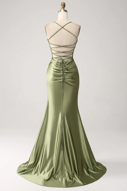 Amzcw Army Green Mermaid Cowl Neckline Sequin Long Prom Dress With Slit