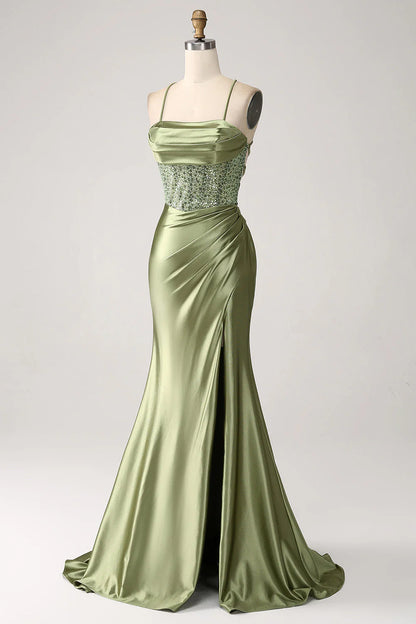 Amzcw Army Green Mermaid Cowl Neckline Sequin Long Prom Dress With Slit