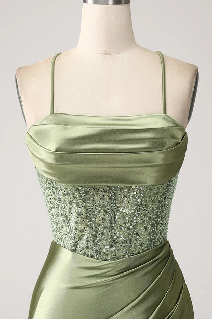 Amzcw Army Green Mermaid Cowl Neckline Sequin Long Prom Dress With Slit