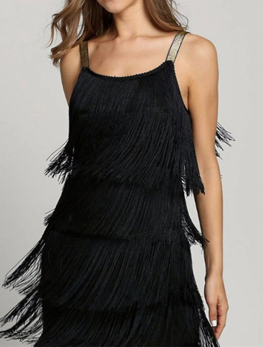 Women's Party Dress Black Dress Wedding Guest Fringe Dress Cocktail Dress Homecoming Dress Mini Dress Black White Red Sleeveless Tassel Winter Spaghetti Strap