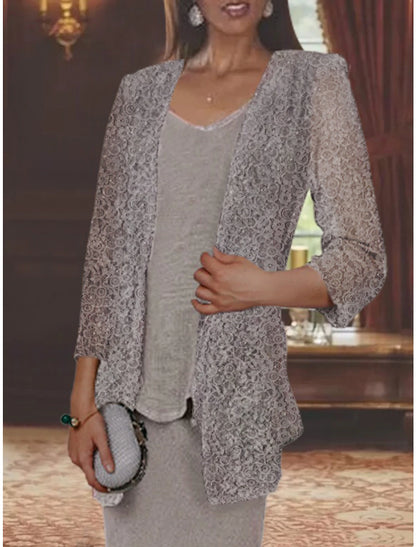 Two Piece Mermaid / Trumpet Mother of the Bride Dress Formal Wedding Guest Elegant Casual V Neck Ankle Length Lace Linen Cotton Blend Sleeveless Jacket Dresses with Ruffles Appliques