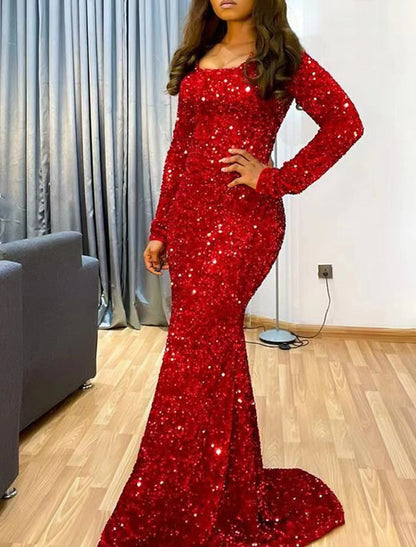 Vestido de noche de sirena con brillo navideño en rojo y verde, vestido formal para invitados de boda, cola larga, manga larga, escote redondo y lentejuelas.