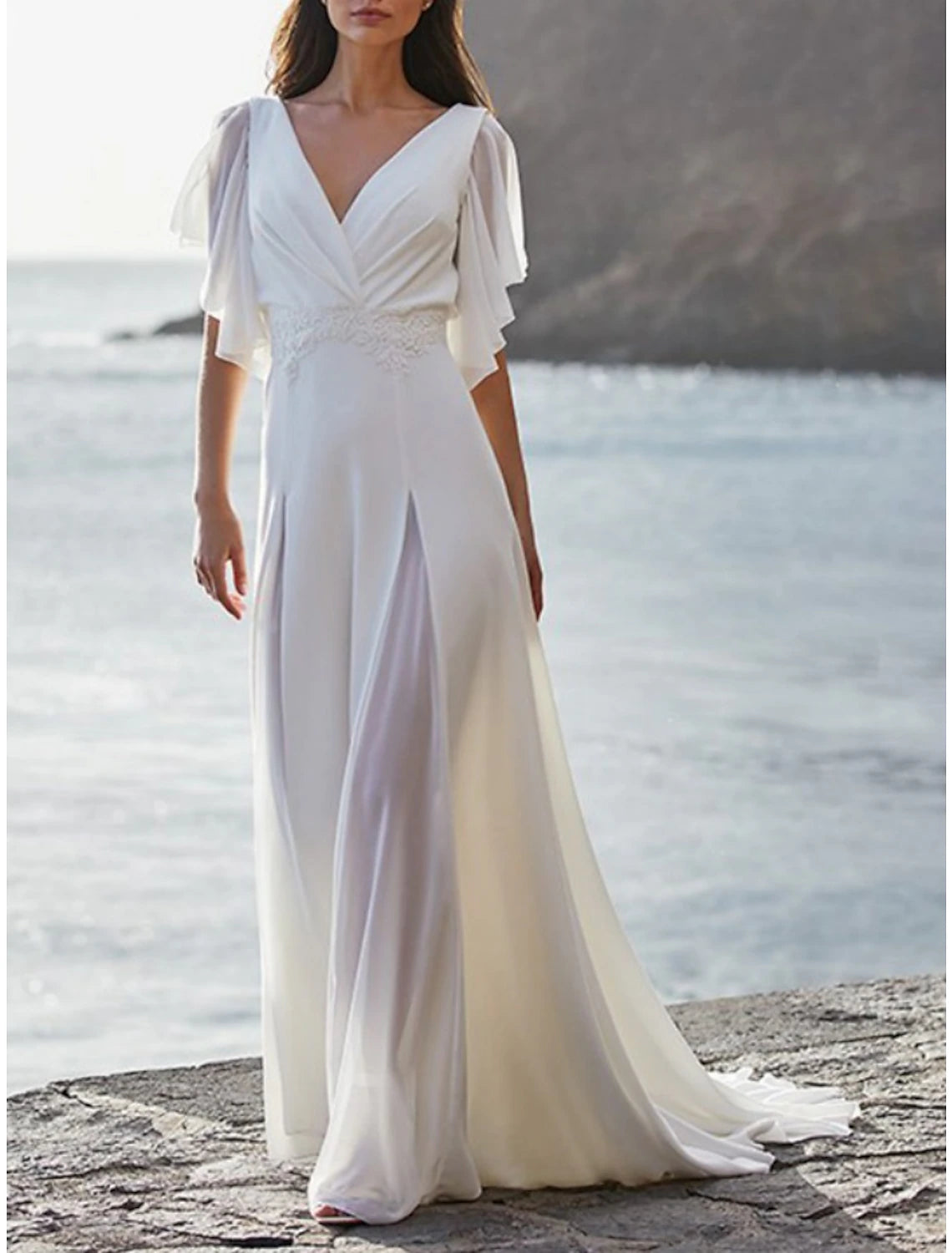 Beach Mature Wedding Dresses A-Line V Neck Short Sleeve Sweep / Brush – Amzcw Dress