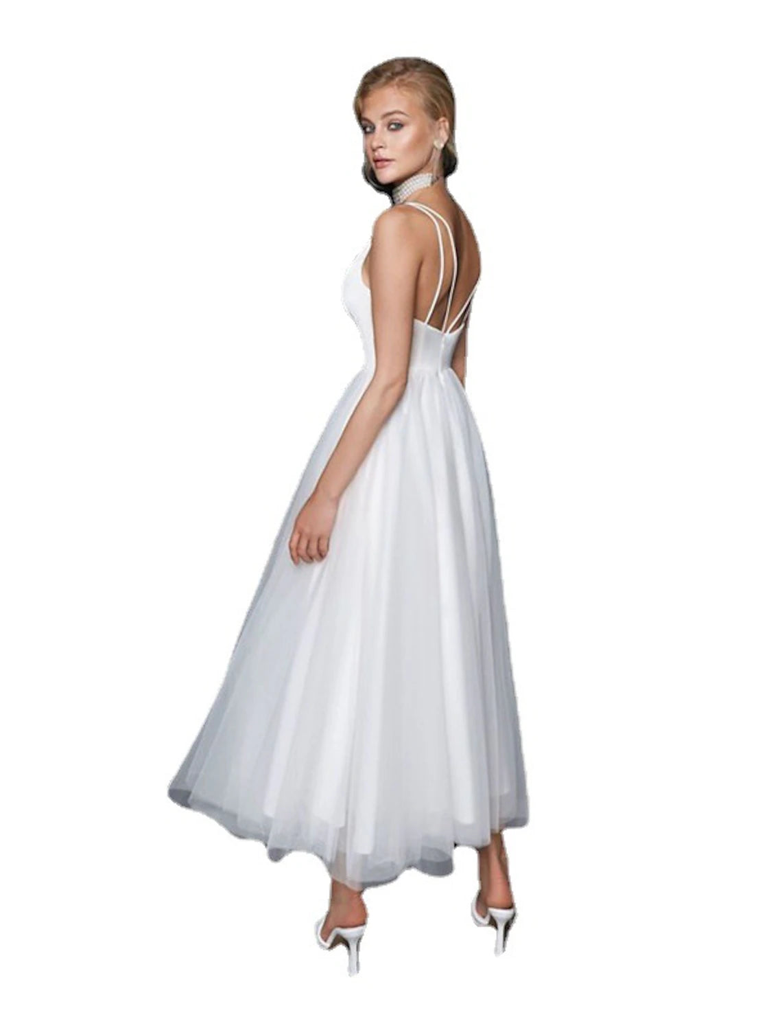 Vestidos de novia blancos cortos de recepción, vestidos de novia casuales, camisola de corte A, cuello en V, tirantes finos, largo hasta los tobillos, vestidos de novia de tul con color sólido