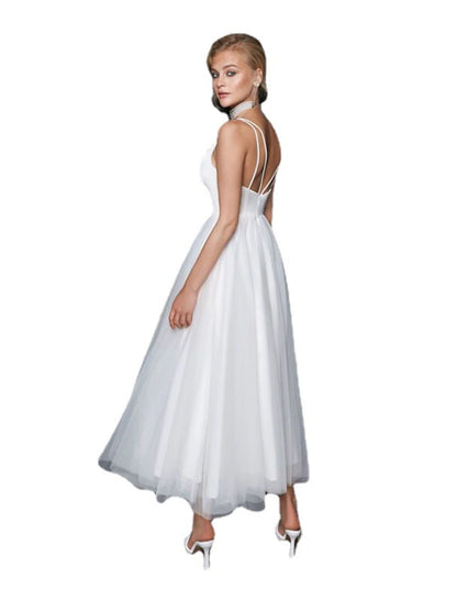 Vestidos de novia blancos cortos de recepción, vestidos de novia casuales, camisola de corte A, cuello en V, tirantes finos, largo hasta los tobillos, vestidos de novia de tul con color sólido