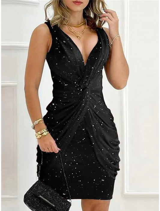 Women's Party Dress Homecoming Dress Cocktail Dress Mini Dress Black Red Sleeveless Pure Color Ruched Summer Spring Fall Deep V Fashion Summer Dress