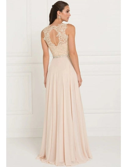Vestido de dama de honor de corte A, cuello joya, sin mangas, elegante, largo hasta el suelo, cola de tul con encaje, faja y cinta.