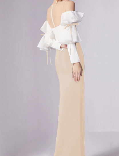 Vestido de noche estilo sirena/trompeta, minimalista, para invitados de boda, de compromiso, largo hasta el suelo, mangas 3/4, cuello joya, tejido elástico con pliegues y volantes.