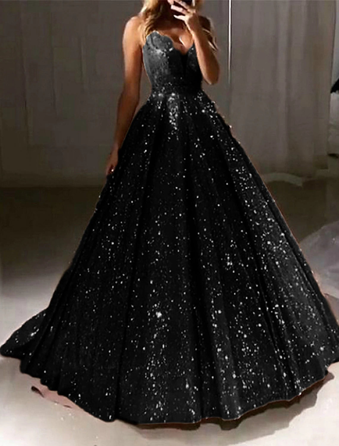 Vestido de fiesta negro con purpurina, vestido lujoso de tul brillante para fiesta de bodas, quinceañera, cola larga/cepillo, sin mangas, escote en V, tul, espalda en V con lentejuelas
