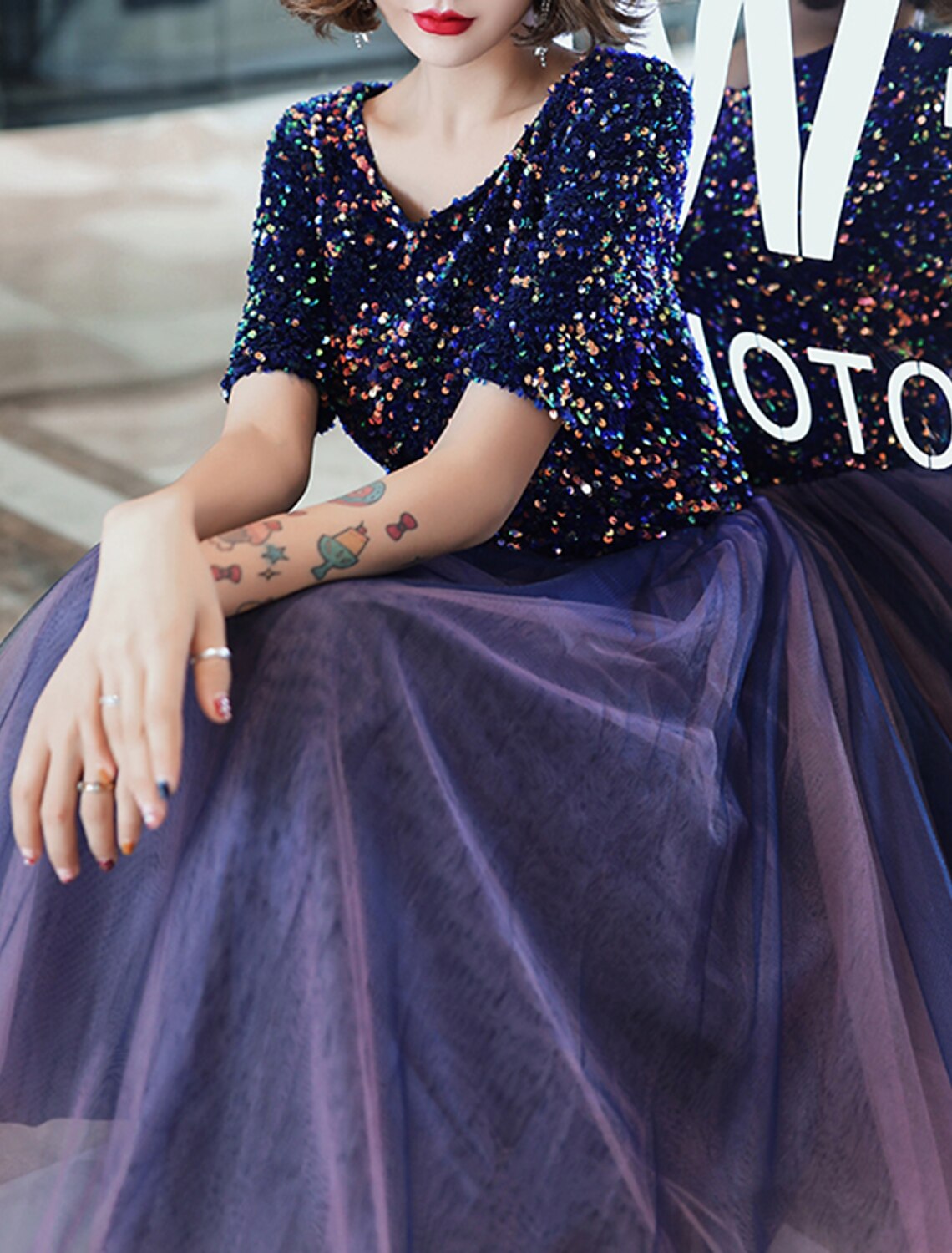 A-Line Evening Gown Sparkle Dress Wedding Guest Formal Evening Floor Length Half Sleeve Jewel Neck Tulle with Sequin