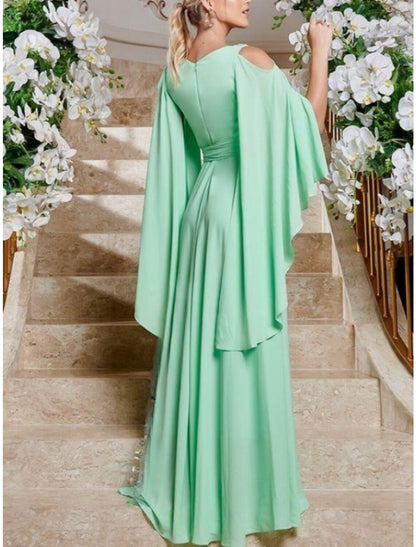 Vestidos de novia elegantes con corte tubo/columna para invitadas de boda, hasta el suelo, manga larga, escote en V, gasa con pliegues y volantes