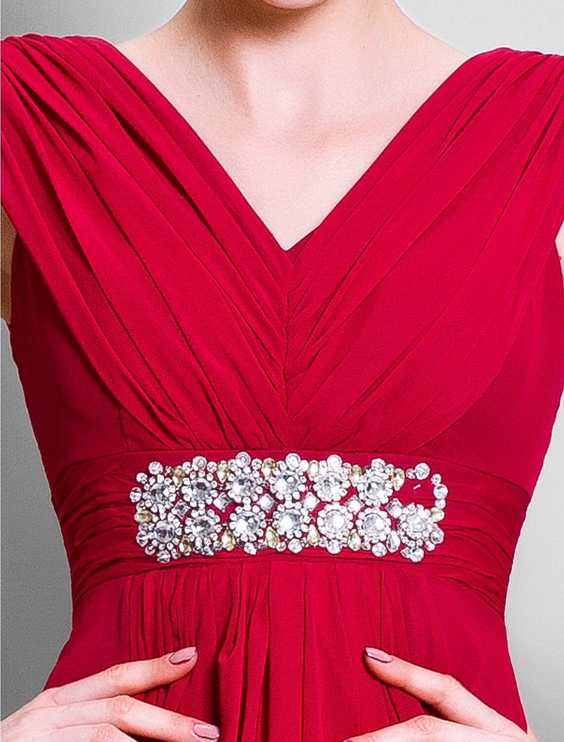 Vestido de madre de la novia de corte A, escote en V, largo hasta el suelo, de gasa, sin mangas, con drapeado lateral con cuentas