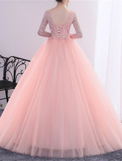 Vestido de quinceañera estilo princesa, largo hasta el suelo, manga larga, escote en V, poliéster con apliques de cristales.