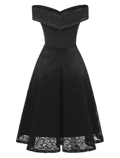 A-Line WE Party Dress Wedding Guest Holiday Knee Length Short Sleeve Off Shoulder Bridesmaid Dress Lace with Pleats Lace Insert