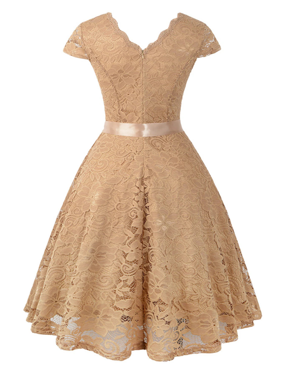 A-Line Cocktail Dresses Vintage Dress Wedding Guest Graduation Knee Length Short Sleeve V Neck Lace V Back with Sash / Ribbon Pleats