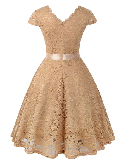 A-Line Cocktail Dresses Vintage Dress Wedding Guest Graduation Knee Length Short Sleeve V Neck Lace V Back with Sash / Ribbon Pleats