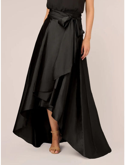 Vestido de fiesta para invitada de boda de corte A, vestido formal negro, talla grande, asimétrico, sin mangas, cuello joya, satén con lazo(s), pliegues y cristales.