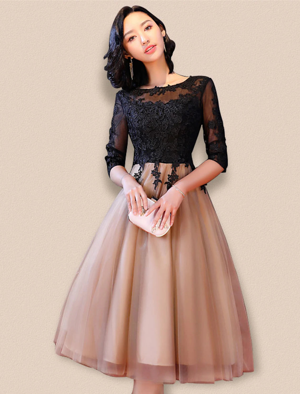 Vestido de cóctel estilo celebridad, corte A, para invitada de boda, escote barco, espalda descubierta, media manga, largo hasta la rodilla, encaje con apliques de encaje