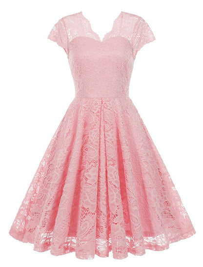 Women's Vintage Dress Party Dress Lace Dress Mini Dress Light Yellow Black Pink Short Sleeve Pure Color Lace Spring Fall Winter V Neck Vintage Christmas Wedding Guest Birthday