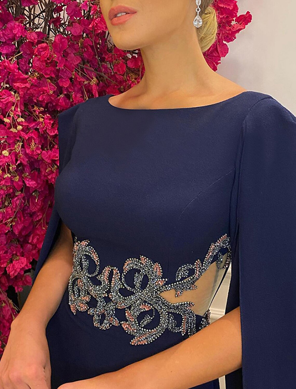 A-Line Evening Gown Maxi Dress Formal Wedding Guest Court Train Sleeveless Jewel Neck Stretch Chiffon with Shawl