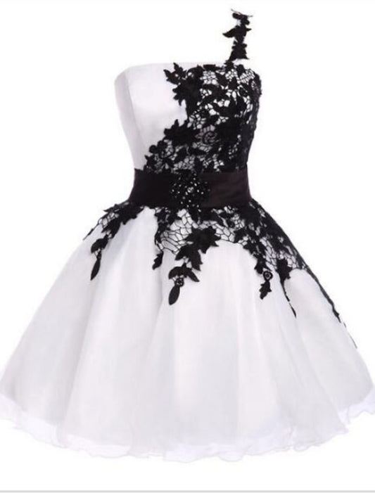 Vestido de fiesta blanco con bloques de color, corte A, de cóctel, un hombro, sin mangas, corto/mini de gasa con apliques