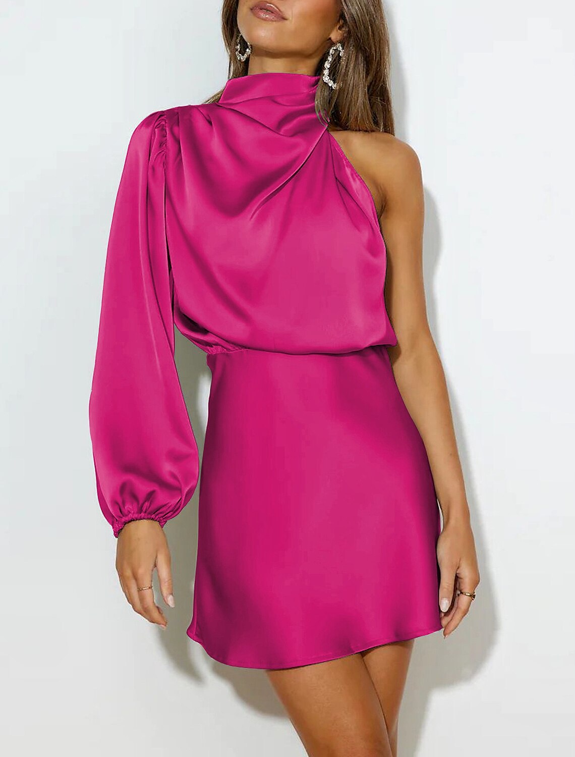 Suknie dla gości weselnych w kształcie litery A Suknia wieczorowa Sweet 16 Półformalna z trenem typu sweep Długi rękaw Wysoki dekolt Elastyczna satyna Odkryte plecy z marszczeniami