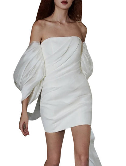Sheath / Column Homecoming Dresses Little White Dresses Dress Party Wear Cocktail Party Short / Mini Half Sleeve Off Shoulder Tulle with Bow(s)