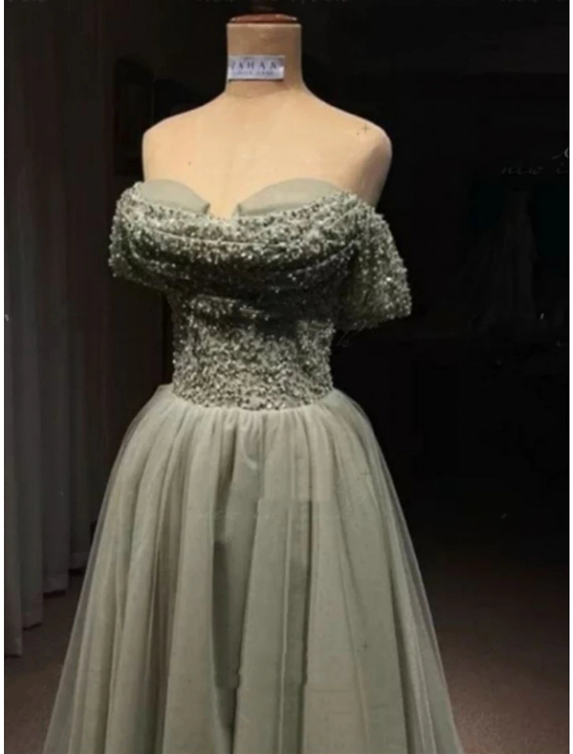 A-Line Prom Dresses Elegant Dress Formal Sweep / Brush Train Christmas Red Green Dress Short Sleeve Off Shoulder Tulle with Glitter Pleats Ruched